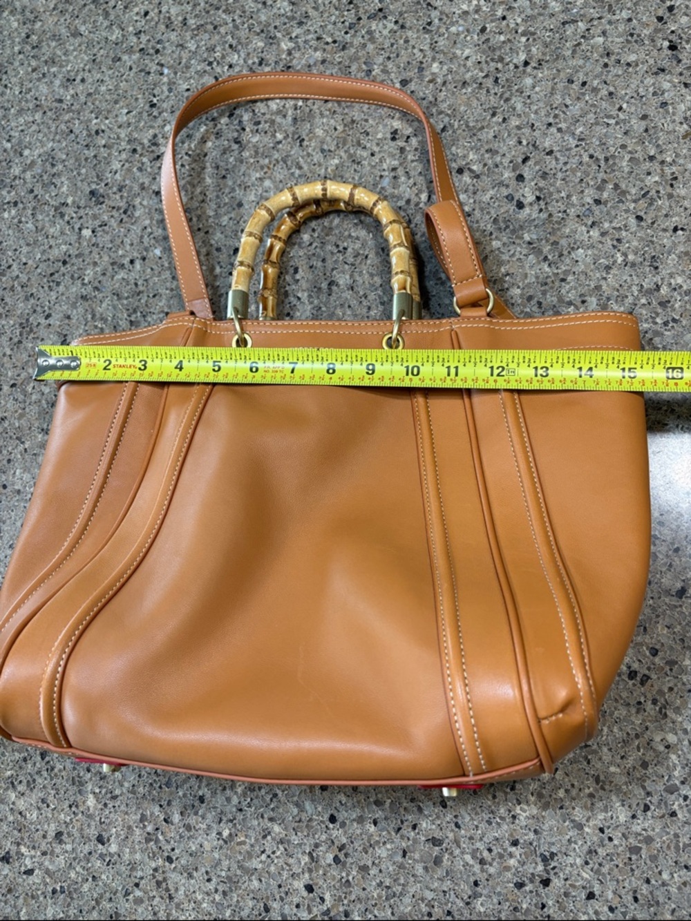 J McLaughlin Classic Tan Leather Tote Bag with Bamboo Handle - Picture 8 of 8